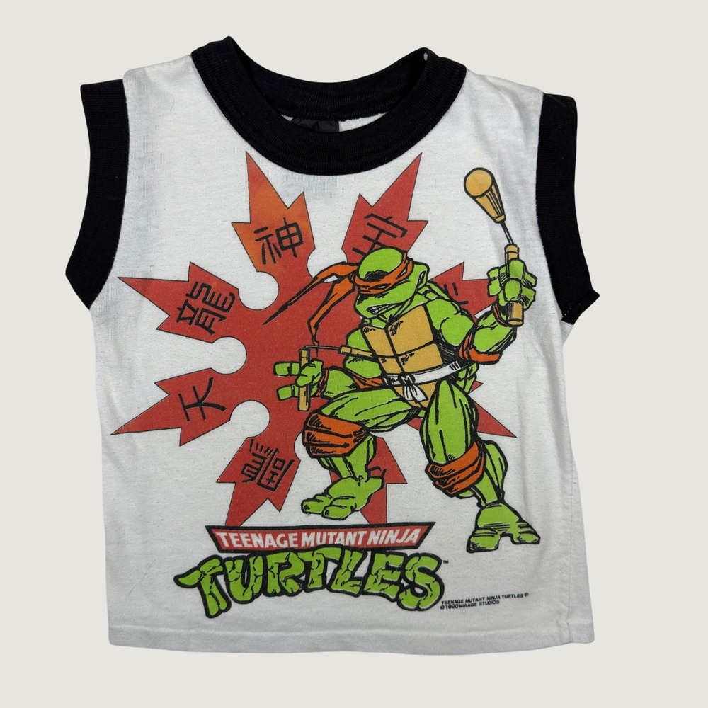 Vintage 1990 TMNT Michelangelo Muscle Tee Kids White Ringer Tank Top 90s Mirage